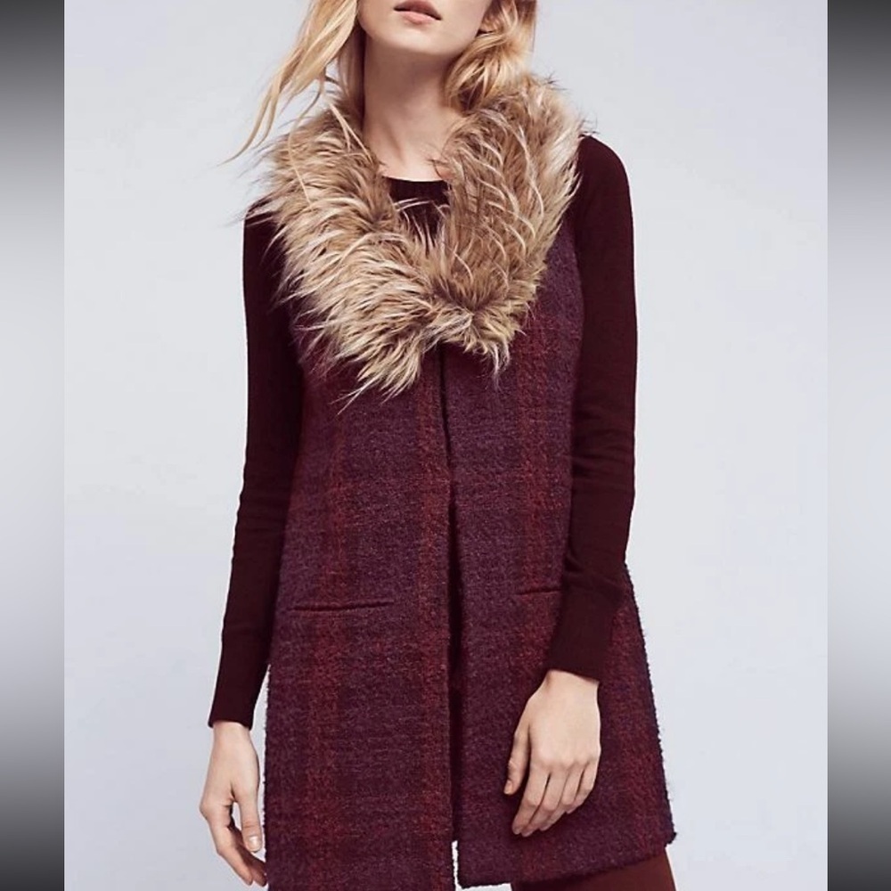 ANTHROPOLOGIE YANNAH FAUX FUR REMOVABLE TRIM PLAID VEST BY SANCTUARY SZ M MEDIUM